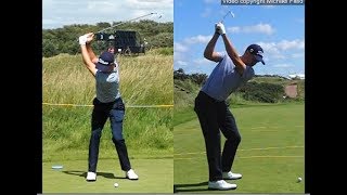 Justin Thomas golf swing  Long Iron faceon amp downtheline July 2017 [upl. by Nanreik]